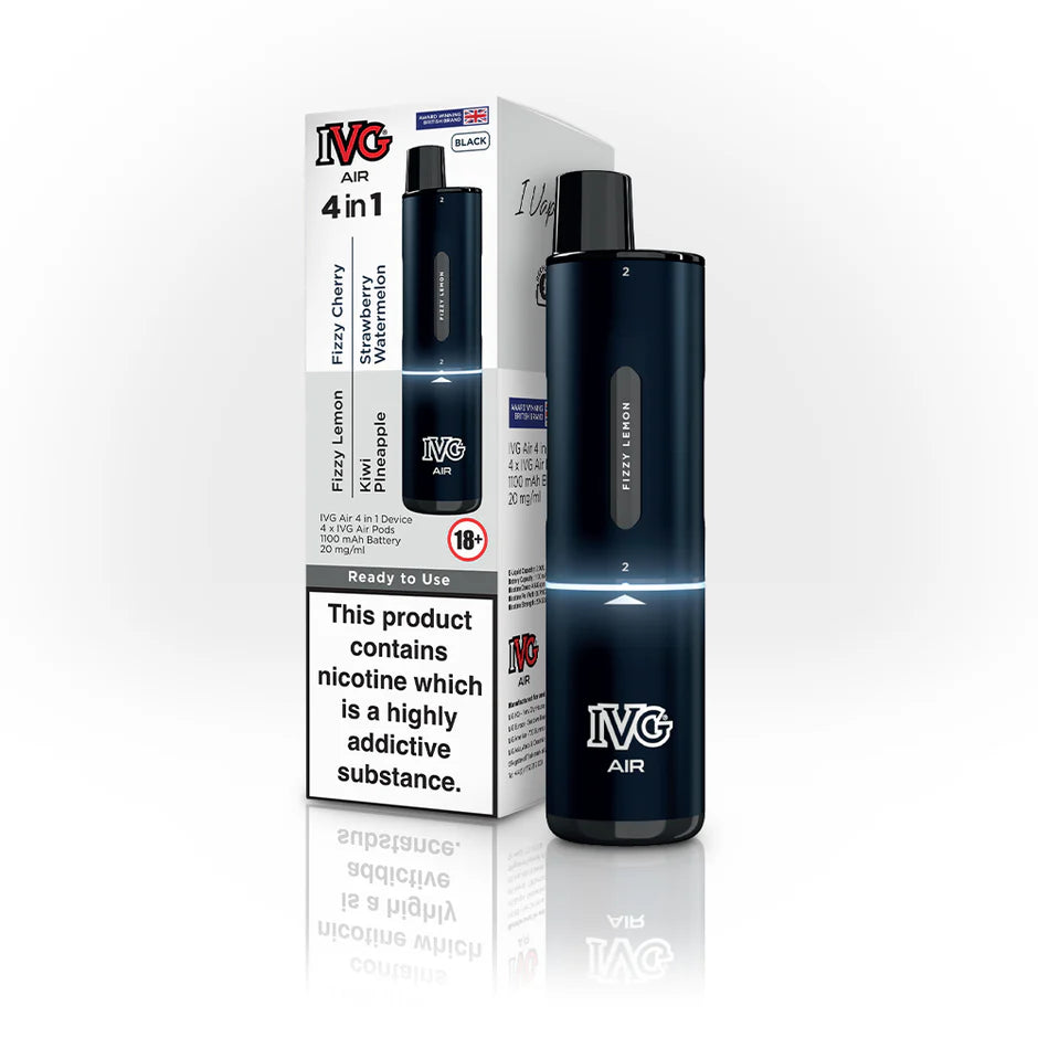 IVG Air 4 in 1 Black Edition Disposable Vape Device with box – includes Fizzy Lemon, Fizzy Cherry, Kiwi Pineapple, and Strawberry Watermelon flavours, 1100mAh battery, and 20mg/ml nicotine salt e-liquid.