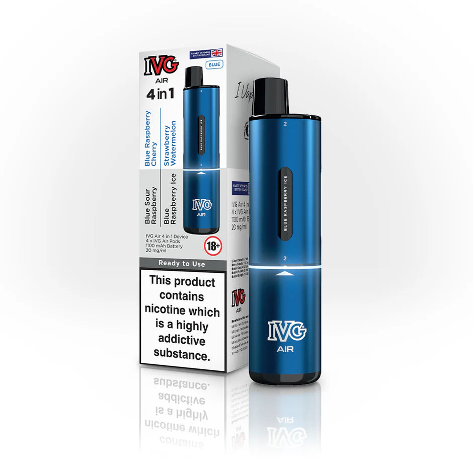 IVG Air 4 in 1 Blue Edition Disposable Vape Device with packaging – features Blue sour Raspberry, Blue Raspberry cherry, Blue Raspberry Ice, and Strawberry Watermelon flavours, 1100mAh battery, and 20mg/ml nicotine strength