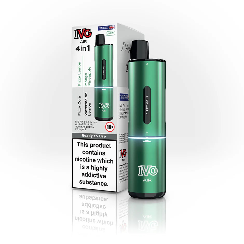 IVG Air 4 in 1 Green Edition Disposable Vape Device with packaging – features Fizzy Cola, Fizzy Lemon , Watermelon Lemon, and Mango Pineapple flavours, 1100mAh battery, and 20mg/ml nicotine strength