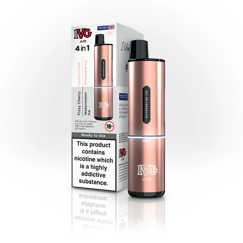IVG Air 4 in 1 Pink Edition Disposable Vape Device with box – includes Fizzy Cherry, Lemon Lime, Watermelon Ice, and Pineapple Ice flavours, 1100mAh battery, and 20mg/ml nicotine salt e-liquid.
