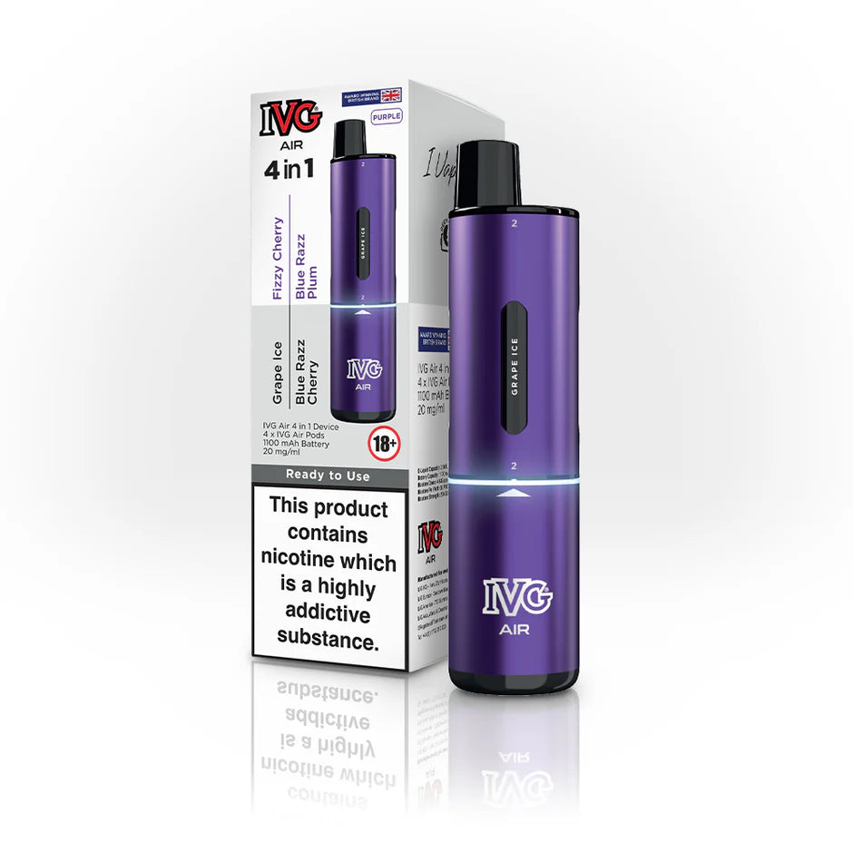 IVG Air 4 in 1 Purple Edition Disposable Vape Device with box – includes Grape Ice, Fizzy Cherry, Blue Razz Cherry and Blue Razz Plum flavours, 1100mAh battery, and 20mg/ml nicotine salt e-liquid.