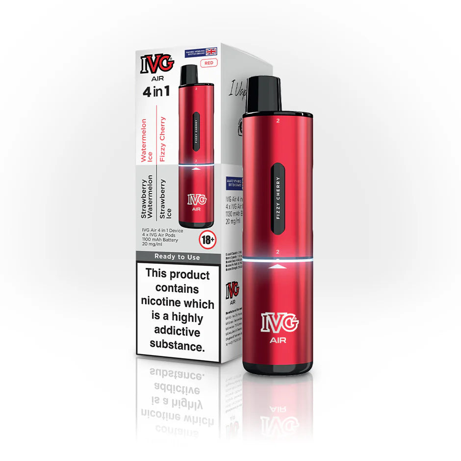 IVG Air 4 in 1 Red Edition Disposable Vape Device with packaging – features Strawberry, Watermelon, Ice Strawberry, and Fizzy Cherry flavours, 1100mAh battery, and 20mg/ml nicotine strength