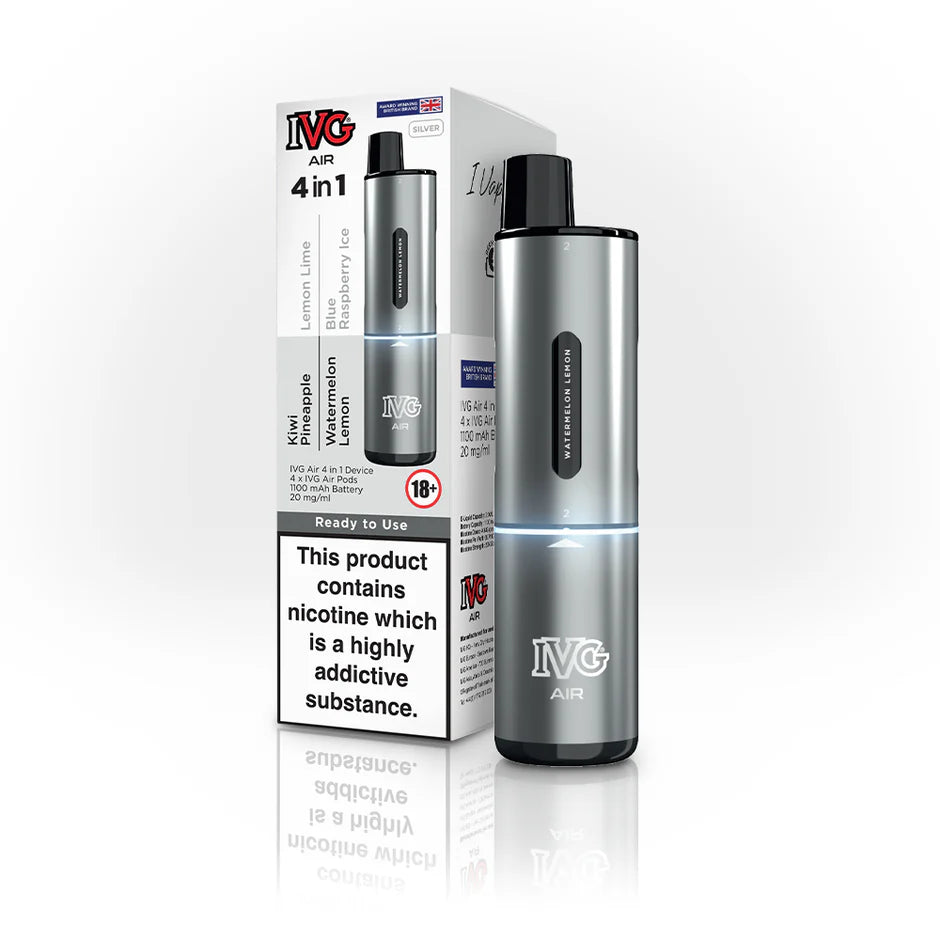 IVG Air 4 in 1 Silver Edition Disposable Vape Device with box – includes Kiwi Pineapple, Lemon Lime, Watermelon Lemon, and Blue Raspberry Ice flavours, 1100mAh battery, and 20mg/ml nicotine salt e-liquid.