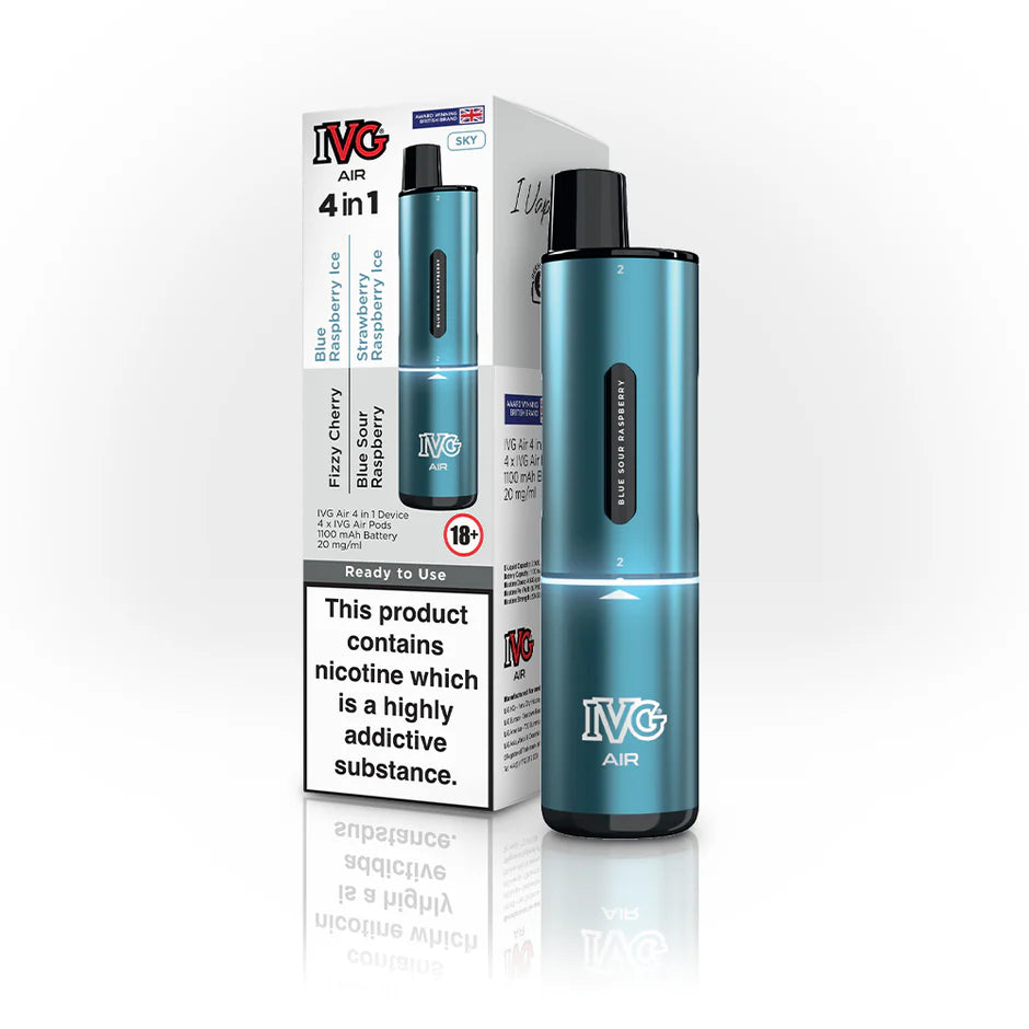 IVG Air 4 in 1 Red Edition Disposable Vape Device with packaging – features Fizzy Cherry, Blue Raspberry Ice, Blue Sour Raspberry, and Strawberry Raspberry Ice flavours, 1100mAh battery, and 20mg/ml nicotine strength.