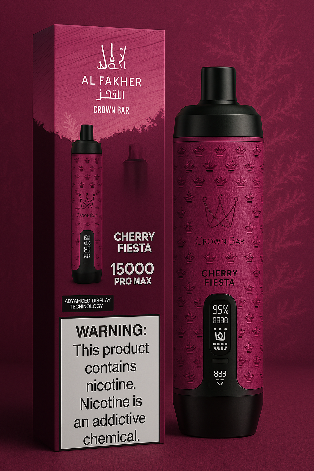 Al Fakher Crown Bar disposable vape in the "Cherry Fiesta" flavour. The device is magenta with a black mouthpiece and base, featuring a digital display showing battery percentage and puff count. The packaging box, in matching magenta tones, displays the product image, branding, flavor name, "15000 PRO MAX" puff count. The background features a textured magenta design with frost-like patterns, complementing the product’s colour scheme.