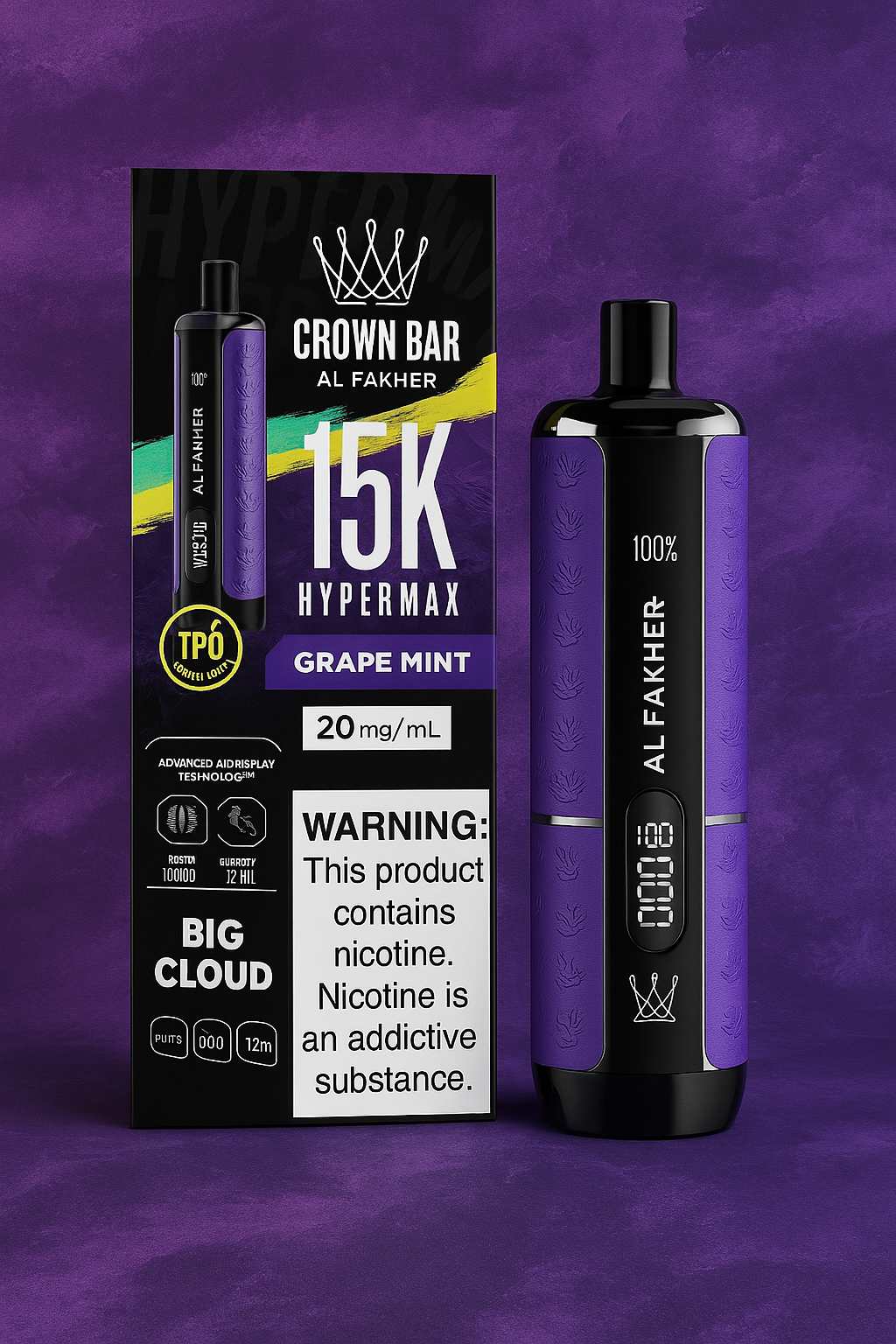  Al Fakher Crown Bar 15K Hypermax Grape Mint vape device shown with bold, colorful packaging and a digital display, set against a rich purple background.