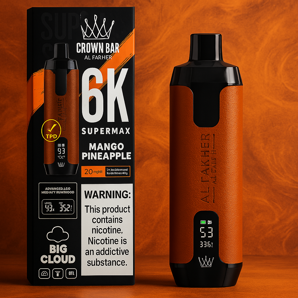 Al Fakher Crown Bar  6K Supermax Mango Pineapple vape with sleek orange design and digital display, shown beside bold black packaging on a textured orange background.