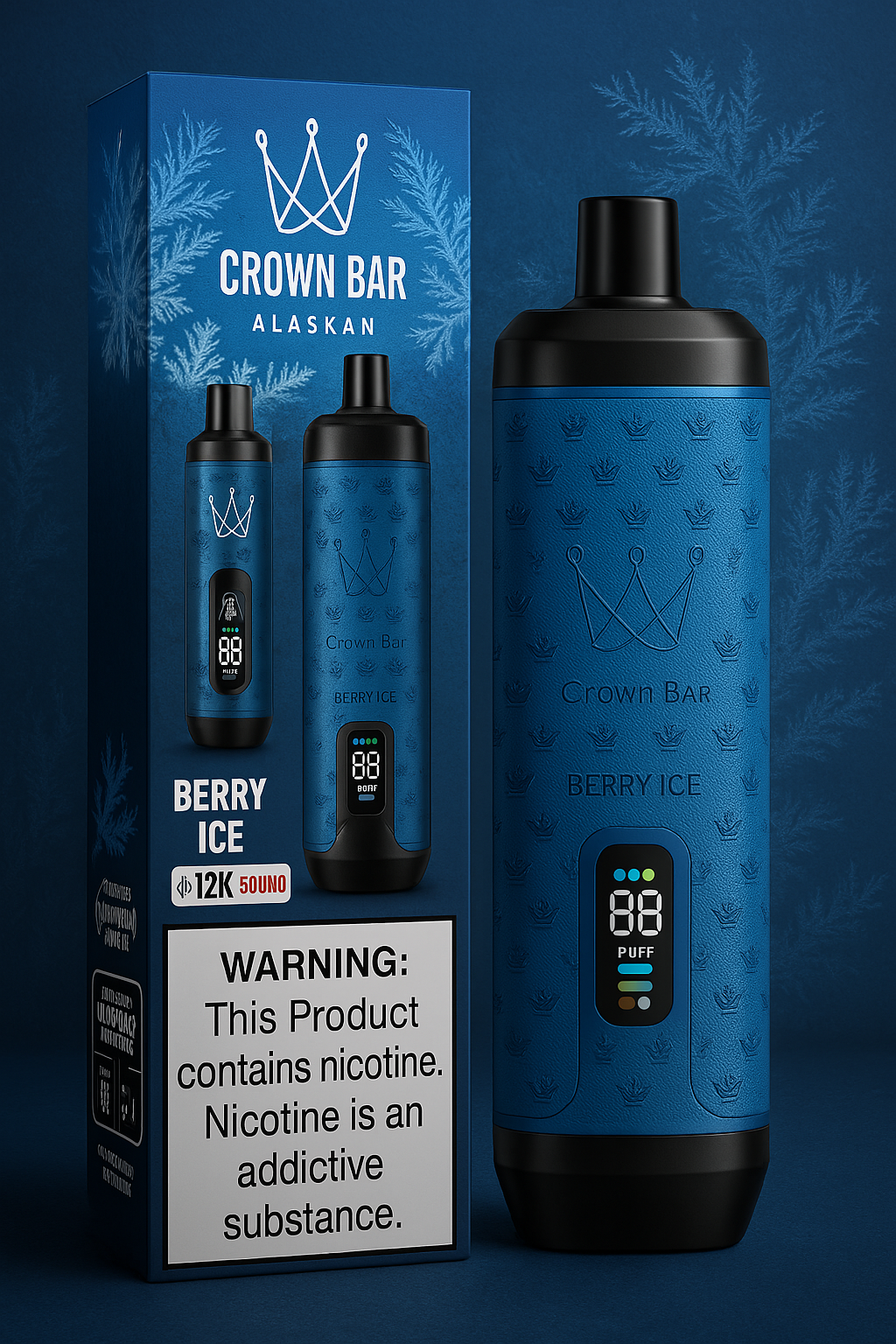  Al Fakher Crown Bar disposable vape and its packaging. The vape has a sleek, textured blue body with a digital puff counter display, and is set against a frosty dark blue background with ice crystal patterns. The box features branding, product flavour ("Berry Ice"), and a nicotine warning label.