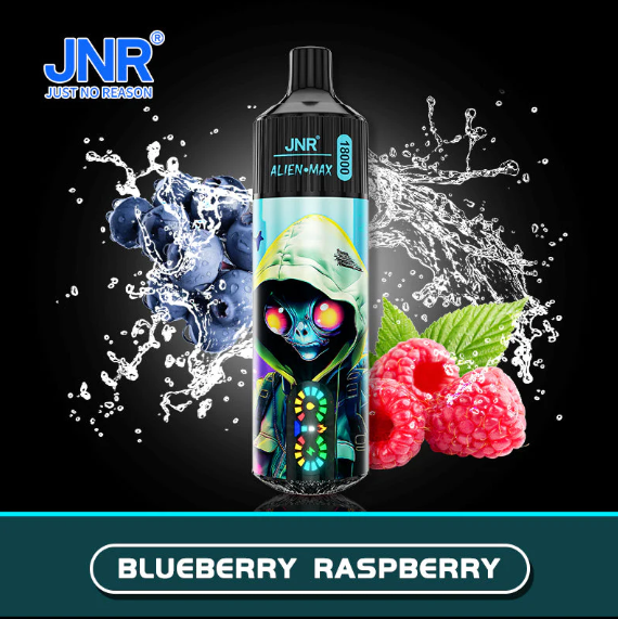 JNR Alien Max 18000 Puffs Disposable vape UK, with Black colour and having Blueberry raspberry flavour.