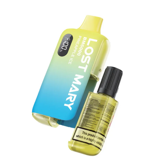 Lost Mary BM6000 Disposable Vape Kit UK, with Yellow and Blue and having Pineapple Ice flavour.
