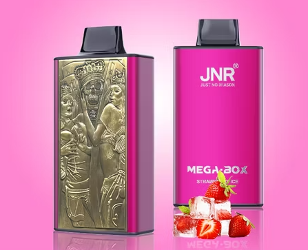 JNR Mega Box 25000 Puffs Disposable Vape UK, with Pink Colour having Strawberry Ice Flavour.